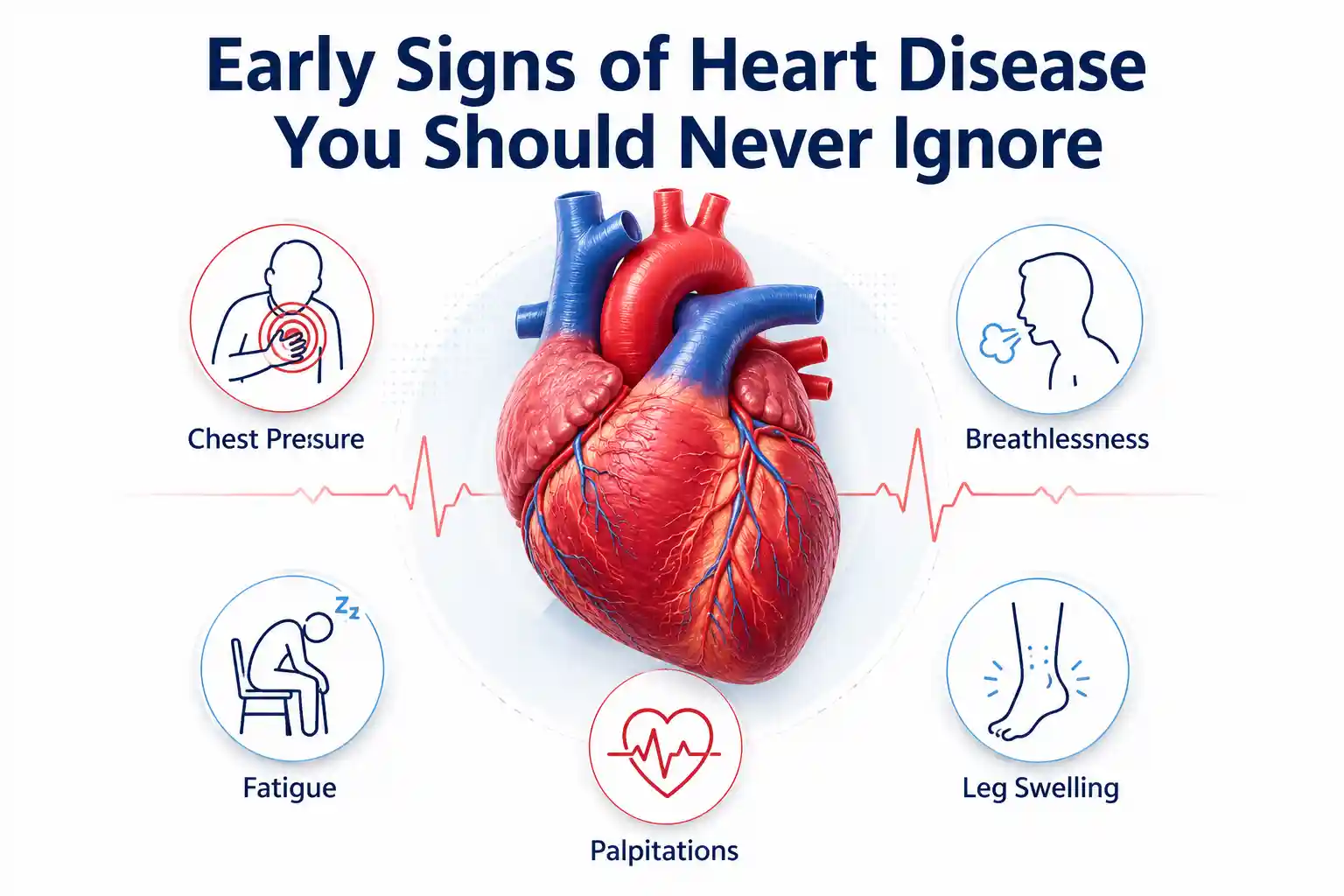  Early warning signs of heart disease including chest pain, fatigue, dizziness, and shortness of breath.